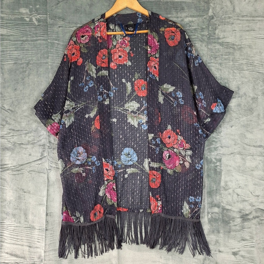 Womens Top One Size Whimsigoth Floral Open Sheer Fringe Duster Boho Kimono Black
